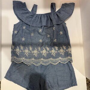 Girls 2-Piece Chambray Embroidered Outfit Size 6X Ruffle Top & Shorts